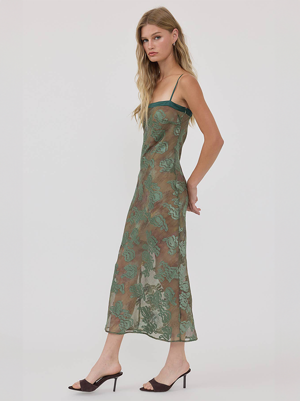 Floral Jacquard Midi Slip Dress: Sage Green