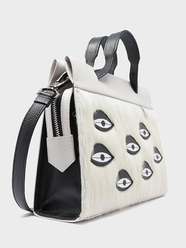 Small Vali Crossbody Cream Leather Bag: Eyes (Cream Fur)