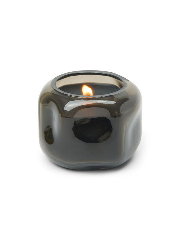 Basalt Organic Shaped Tinted Glass Candle: Palo Santo Suede 5 oz. (Black)