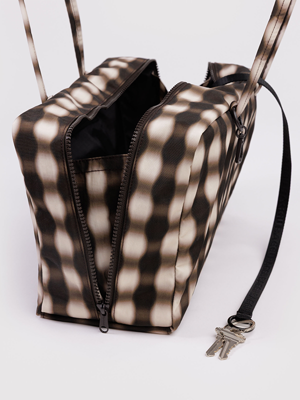 Medium Nylon Bowler Bag: Blurred Gingham Brown