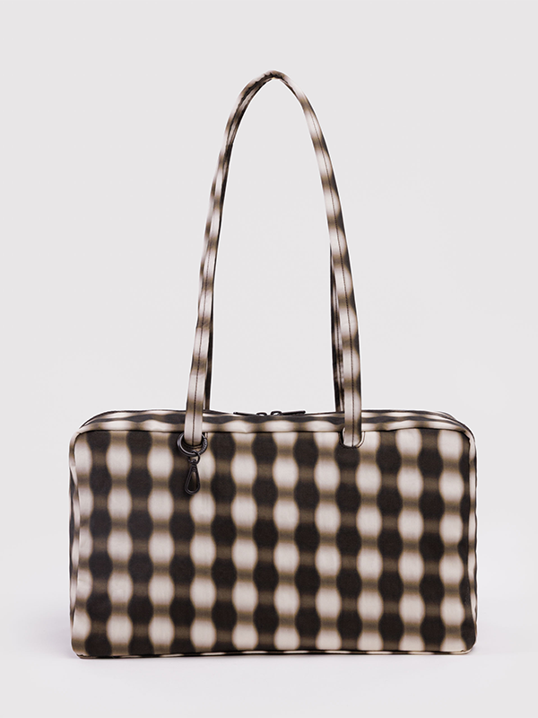 Medium Nylon Bowler Bag: Blurred Gingham Brown