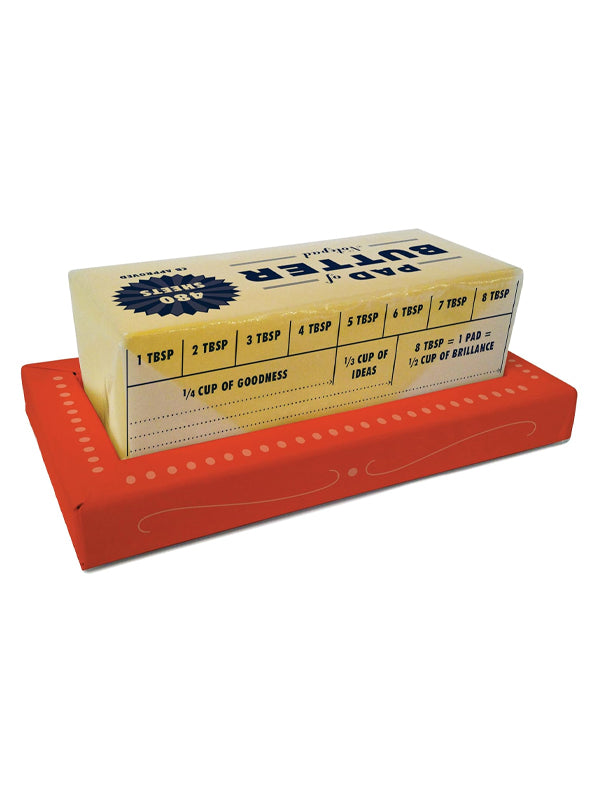 A whimsical notepad shaped like a pad of butter, featuring a yellow, buttery design. The pages are smooth and perfect for jotting down notes, with the playful design adding a touch of fun to your desk or workspace.