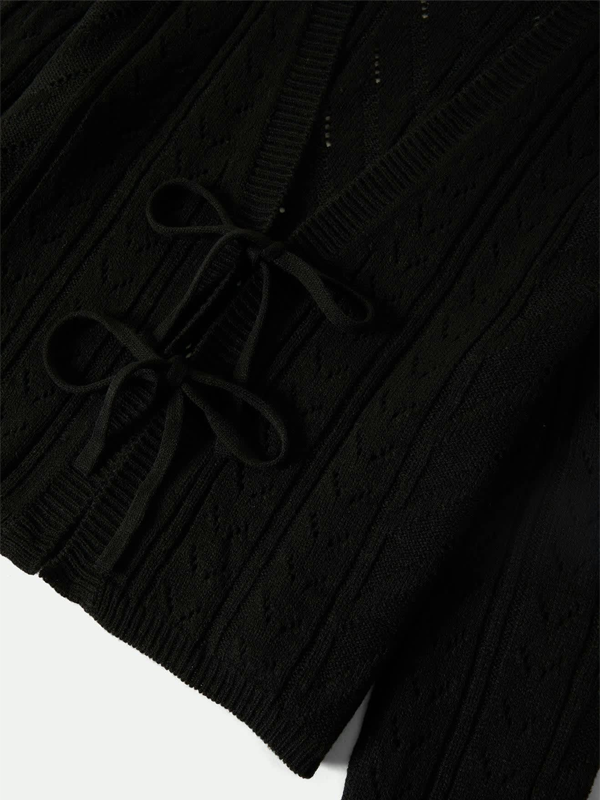 Cropped Pointelle Tie Cardigan: Black