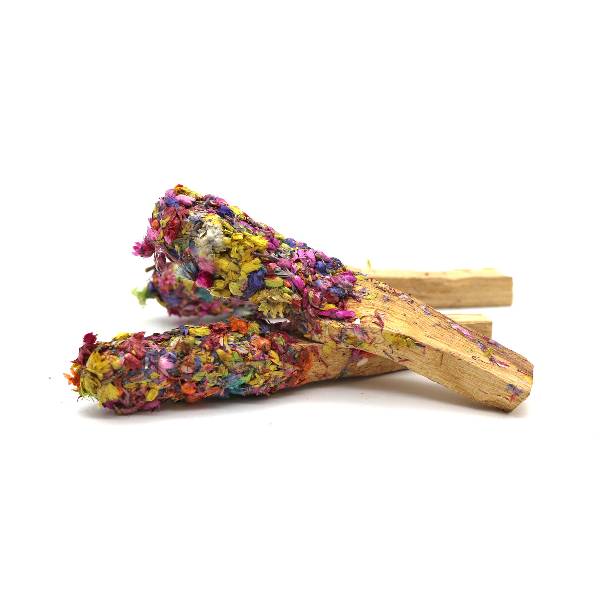Close-up of Dipped Chakra Harmony Palo Santo Pops, featuring natural wood sticks coated with colorful chakra-inspired resins, designed for spiritual cleansing and relaxation.