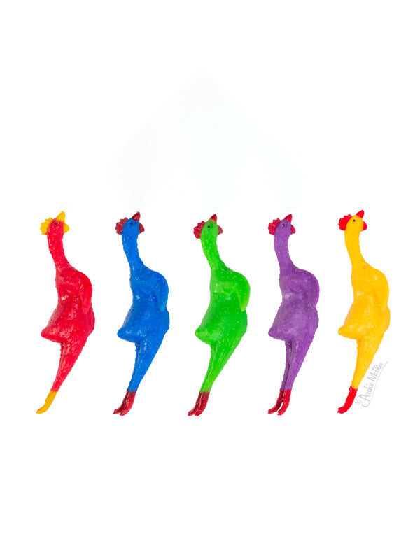 A set of colorful mini rubber chickens in a variety of vibrant rainbow hues. These small, playful chickens are soft, squishy, and designed to be fun novelty toys, perfect for adding a bit of humor and brightness to any space.