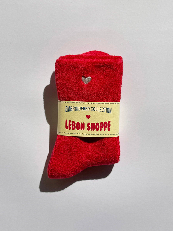 Embroidered Cloud Socks: Red with Heart
