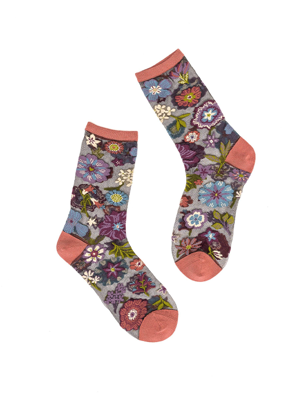 Dark Florals Black Sheer Crew Sock