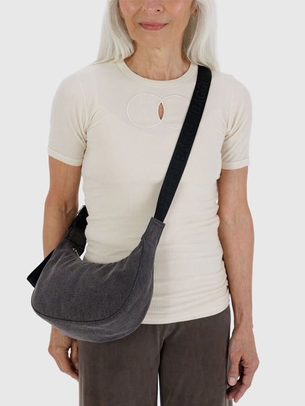 Small Denim Crescent Bag: Washed Black Denim