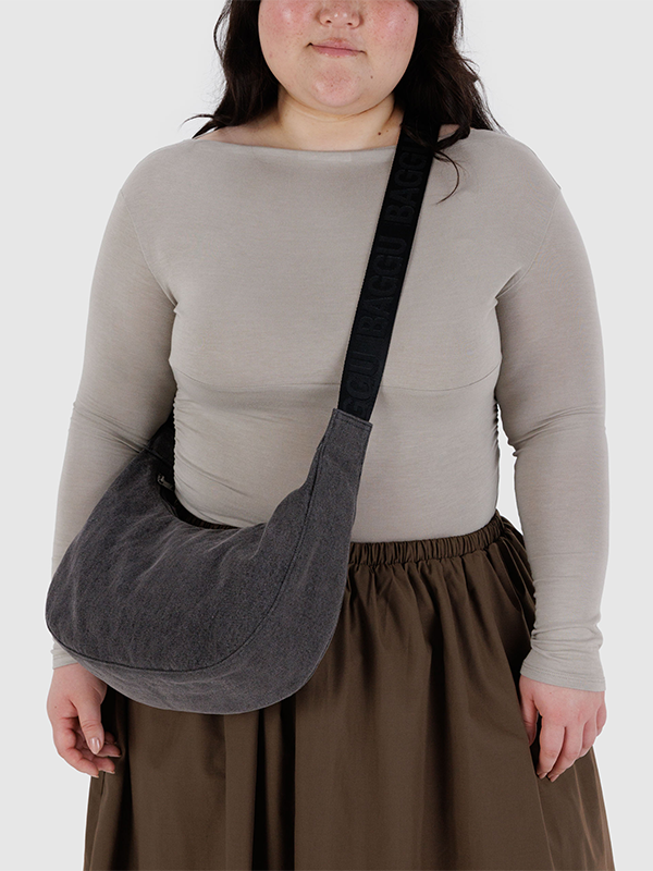 Medium Denim Crescent Bag: Washed Black Denim