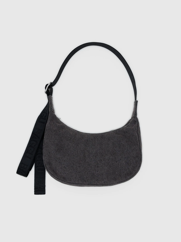 Small Denim Crescent Bag: Washed Black Denim