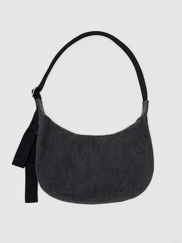 Medium Denim Crescent Bag: Washed Black Denim