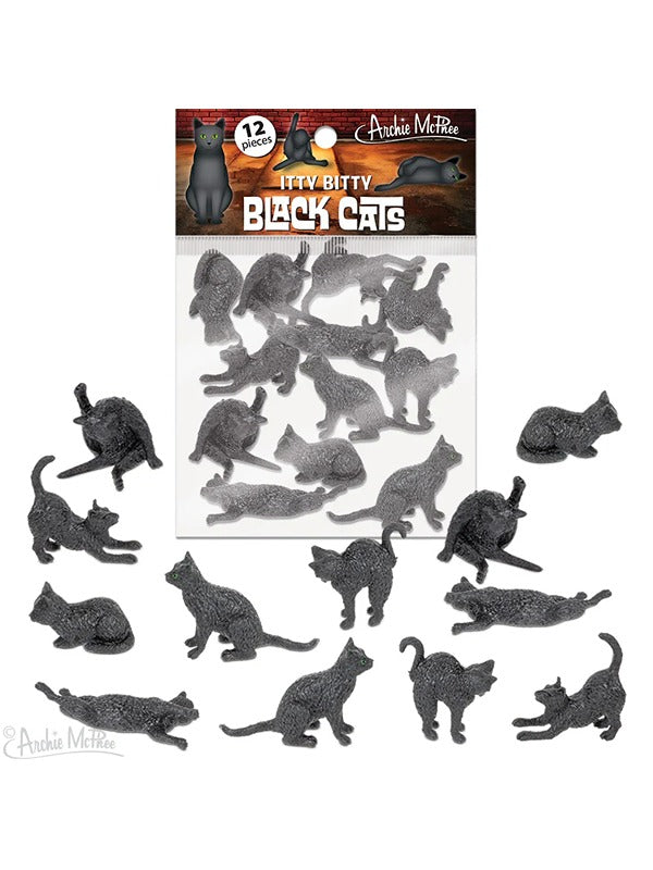 Itty Bitty Black Cats: Bag of 12 – A set of 12 miniature black cat figurines, perfect for spooky décor, collecting, or gifting. Each tiny cat showcases a sleek black finish and charming details.