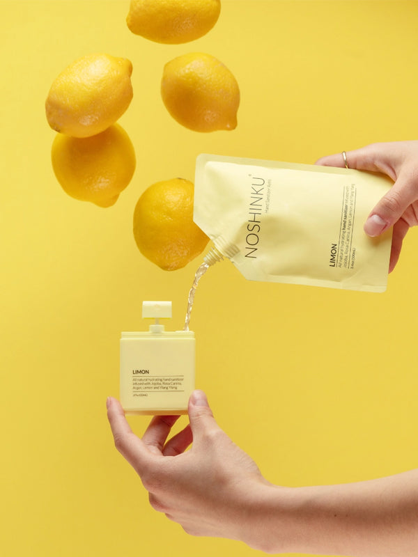 Lemon pocket hand sanitizer with a zesty, fresh scent, packaged in a compact bottle perfect for on-the-go cleaning and a burst of citrus freshness