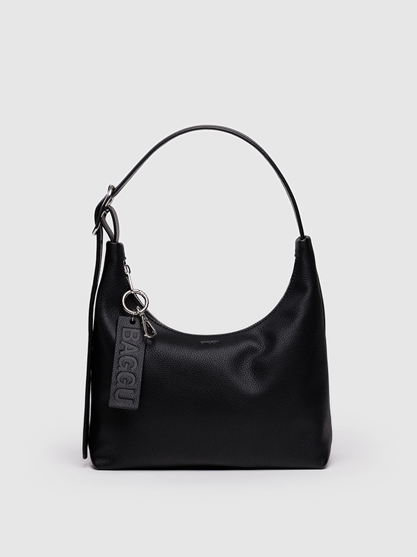 A compact black shoulder bag made from recycled leather, featuring a sleek design with an adjustable strap, offering an eco-friendly and stylish accessory for everyday use.