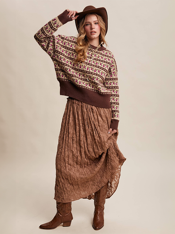 Western Jacquard Knit Sweater: Mocha