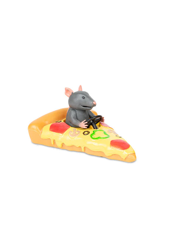A fun and quirky toy featuring a rat racing on a slice of pizza, with detailed features and a playful expression, set on wheels for a fast-moving, humorous design.