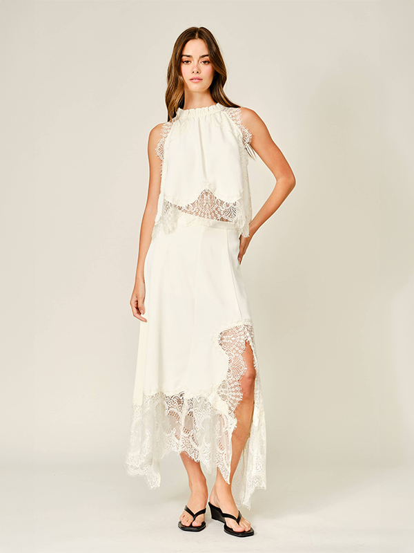 Lace Hem Midi Skirt: Cream