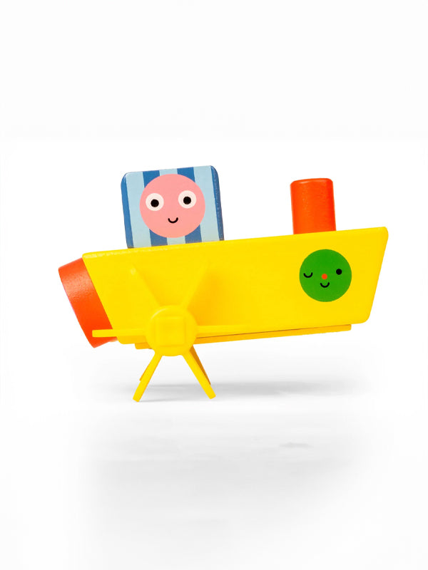 Wind-up boat toy featuring a playful design that moves across water when wound up, perfect for fun bath time or imaginative play.