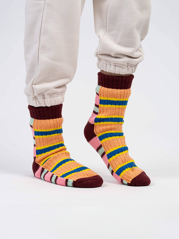 Zipper Stripe House Socks: Peach Cobalt