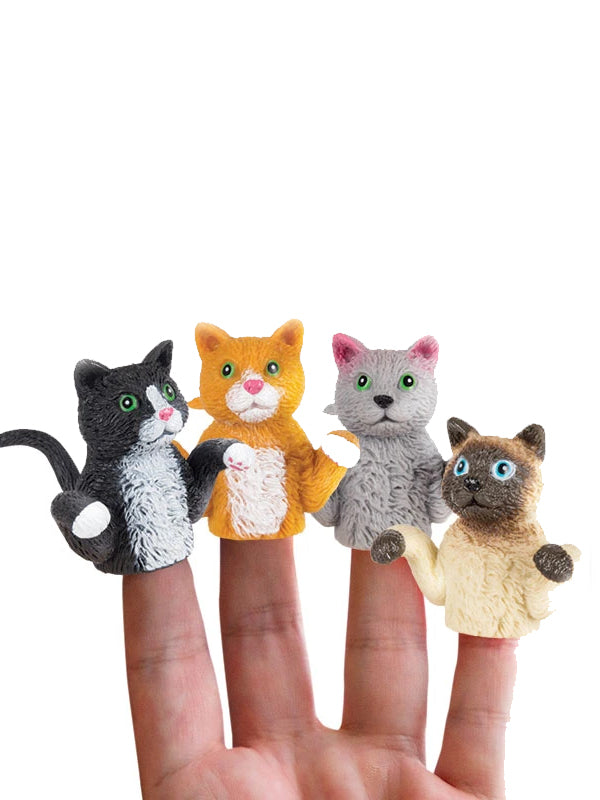 A cute cat finger puppet made from soft, flexible material. The puppet fits comfortably on the finger and features detailed features like ears, eyes, and whiskers, perfect for imaginative play or storytelling.