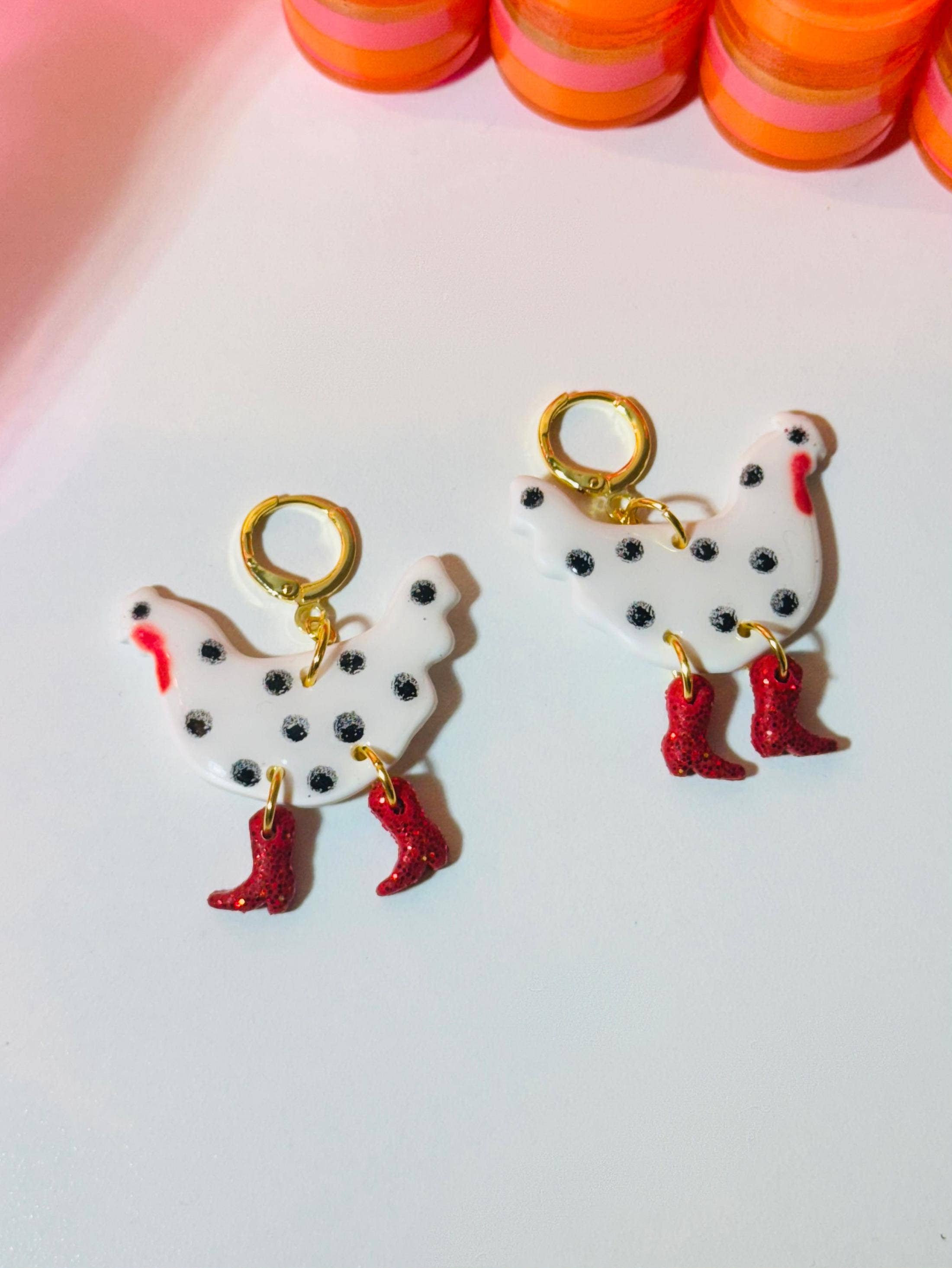Boot Scootin' Chicken Earrings: White