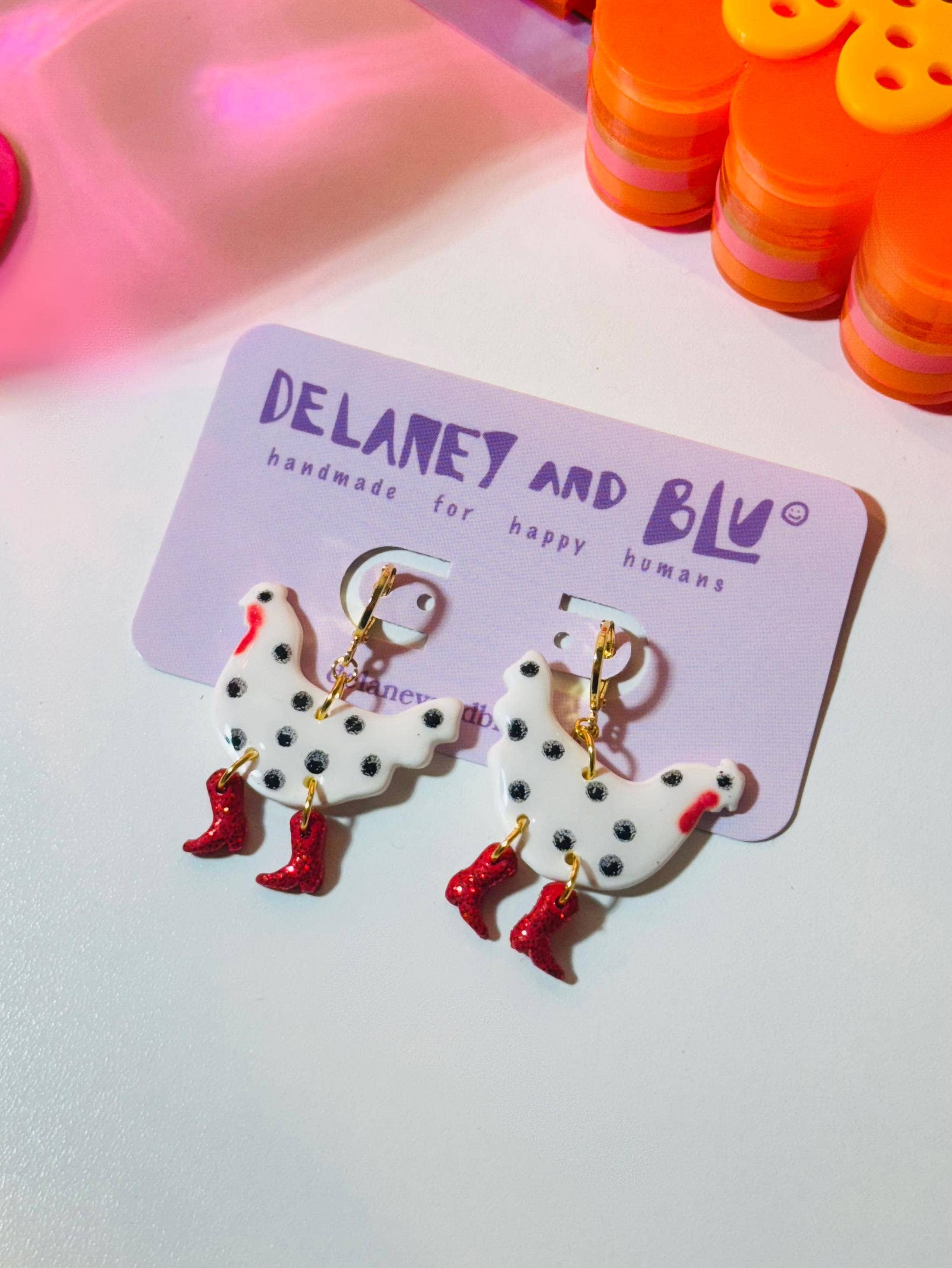 Boot Scootin' Chicken Earrings: White
