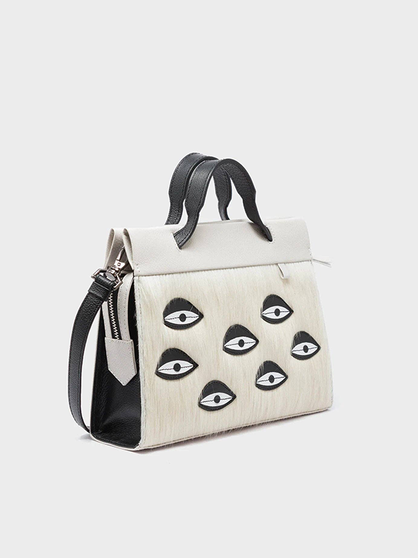 Small Vali Crossbody Cream Leather Bag: Eyes (Cream Fur)