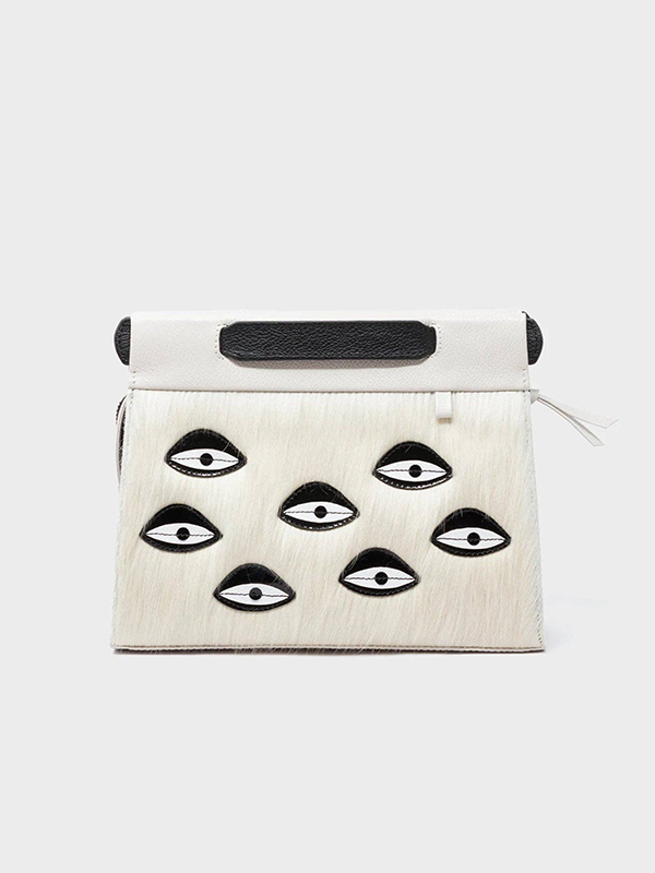 Small Vali Crossbody Cream Leather Bag: Eyes (Cream Fur)