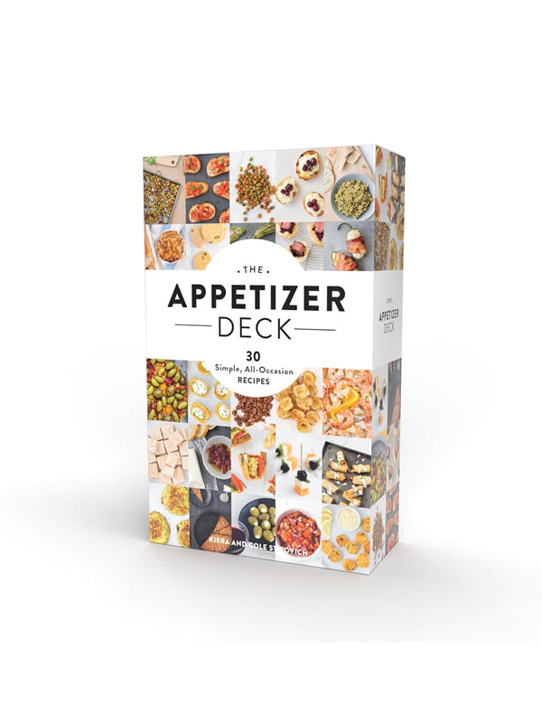 A deck of cards featuring 30 simple and delicious appetizer recipes, perfect for all occasions, with easy-to-follow instructions and colorful illustrations.
