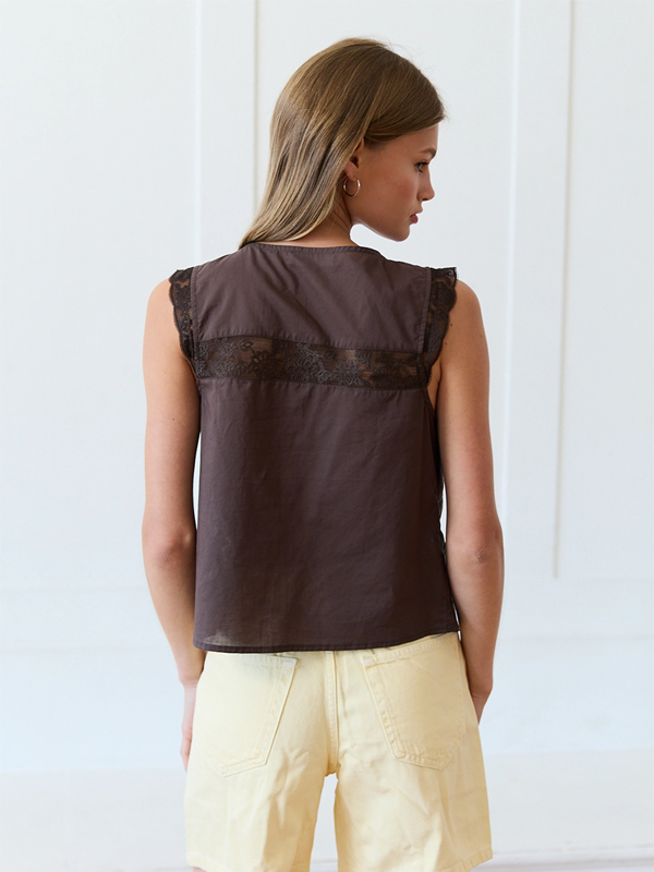 Lace Trim Tie-Front Top: Brown