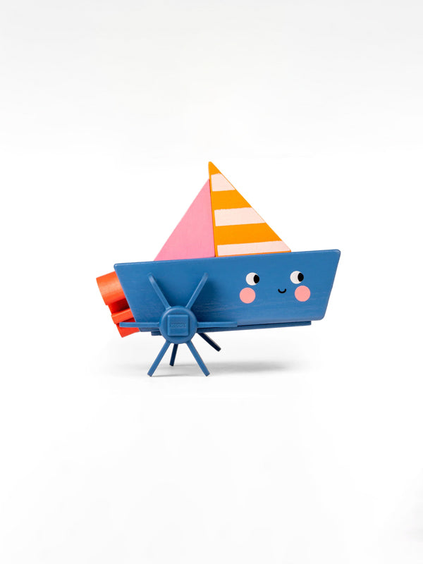 Wind-up boat toy featuring a playful design that moves across water when wound up, perfect for fun bath time or imaginative play.