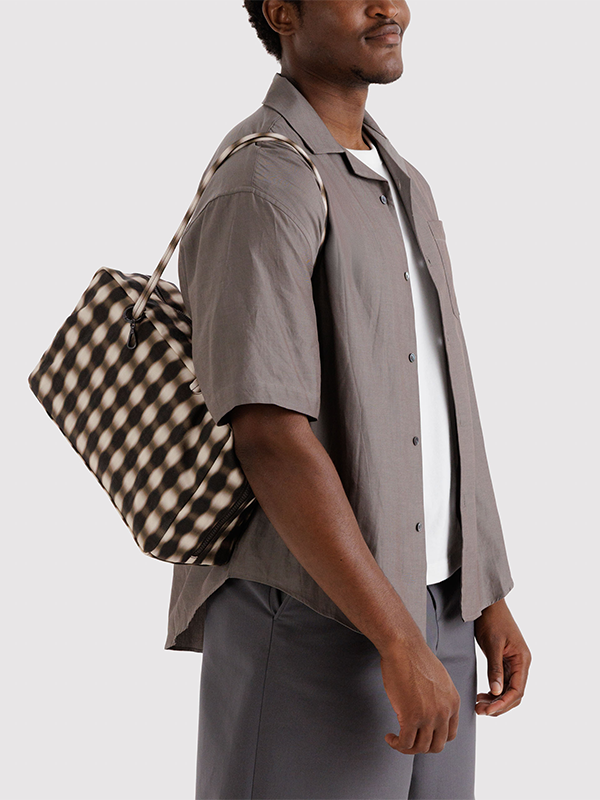 Medium Nylon Bowler Bag: Blurred Gingham Brown