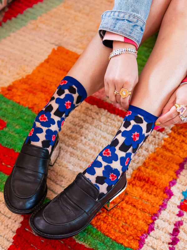 Bold Blue Floral Sheer Crew Sock