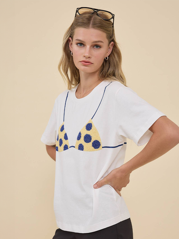Caviar Print Bikini Graphic Tee: Ivory Polka Dot