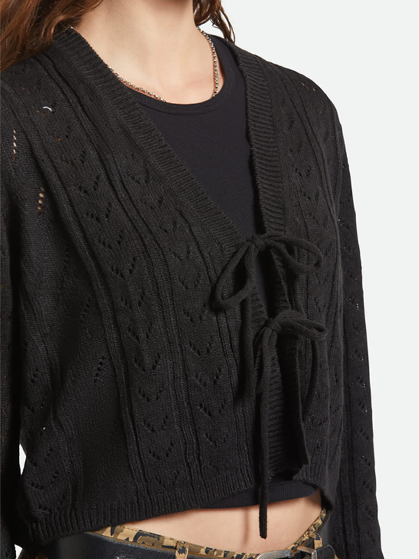 Cropped Pointelle Tie Cardigan: Black