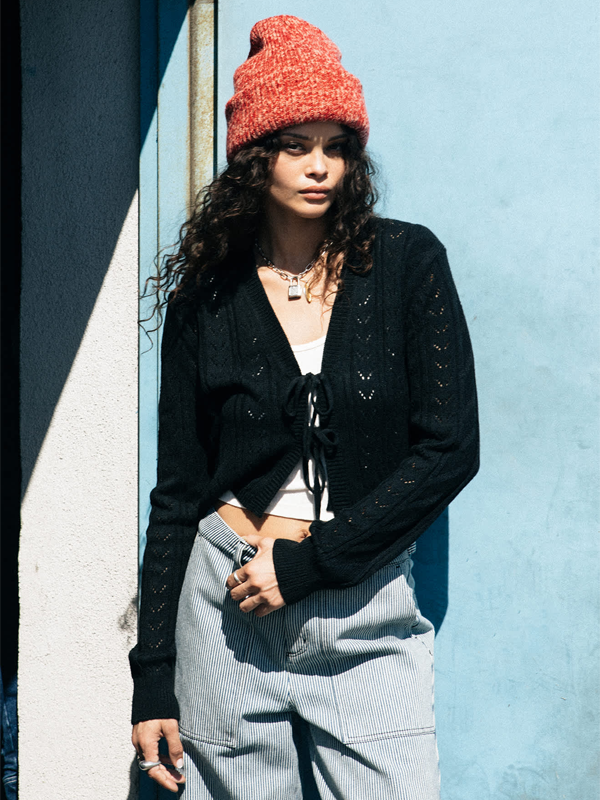 Cropped Pointelle Tie Cardigan: Black