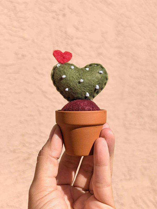 Handmade Felt Heart Cactus in Terracotta Pot 