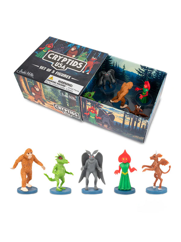 Cryptids USA playset featuring miniature figures of legendary cryptids like Bigfoot, perfect for imaginative play and cryptid enthusiasts.