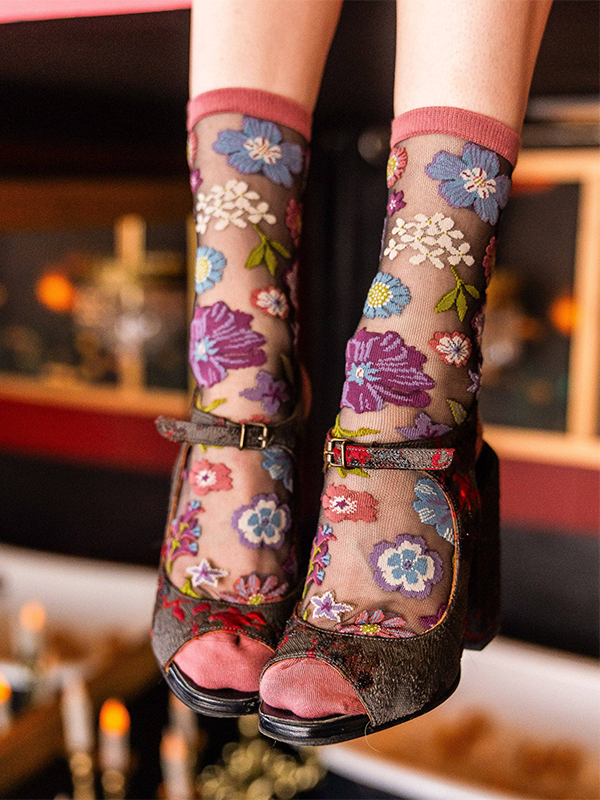 Dark Florals Black Sheer Crew Sock