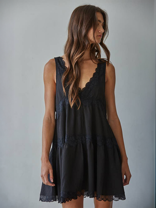 V-Neck Sleeveless Mini Dress: Black