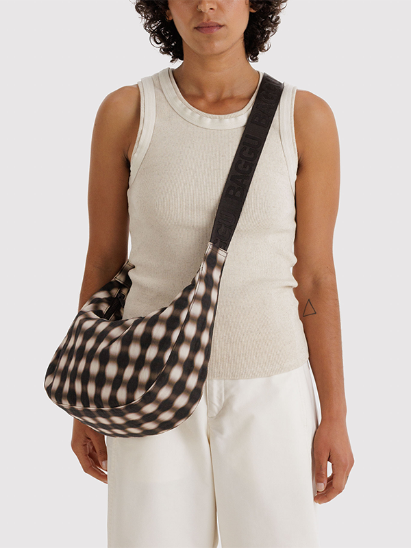 Medium Nylon Crescent Bag: Blurred Gingham Brown
