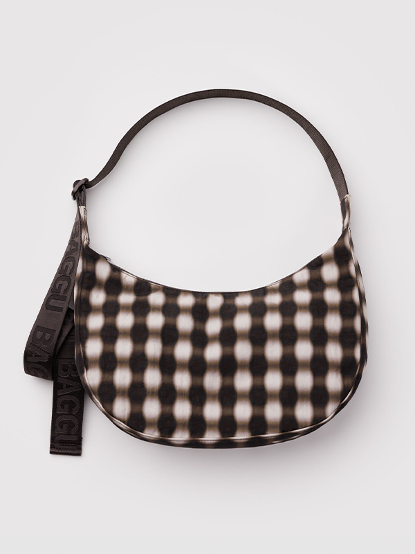 Medium Nylon Crescent Bag: Blurred Gingham Brown