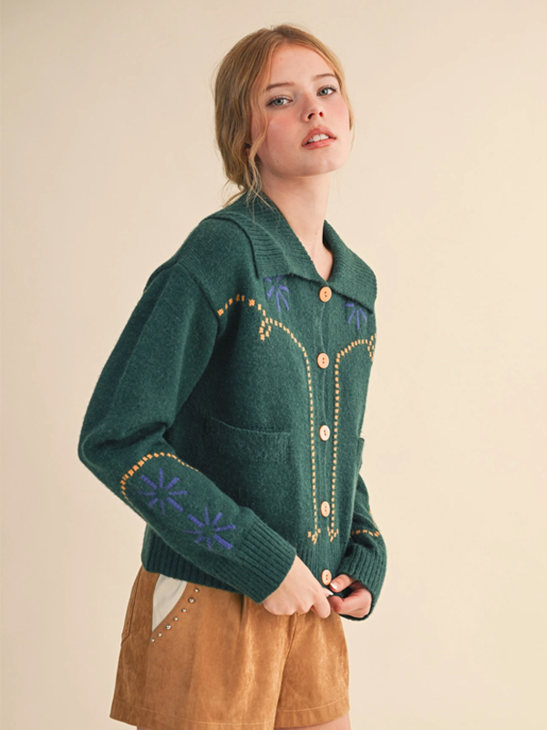 Western Cardigan: Green/Mustard