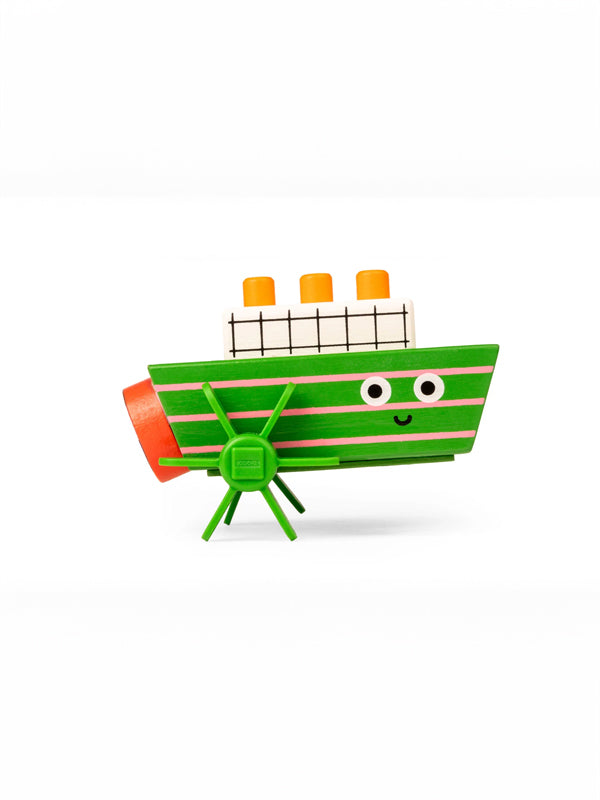 Wind-up boat toy featuring a playful design that moves across water when wound up, perfect for fun bath time or imaginative play.