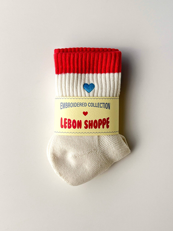 Embroidered Color Block Girlfriend Socks: Blue/Red with Heart