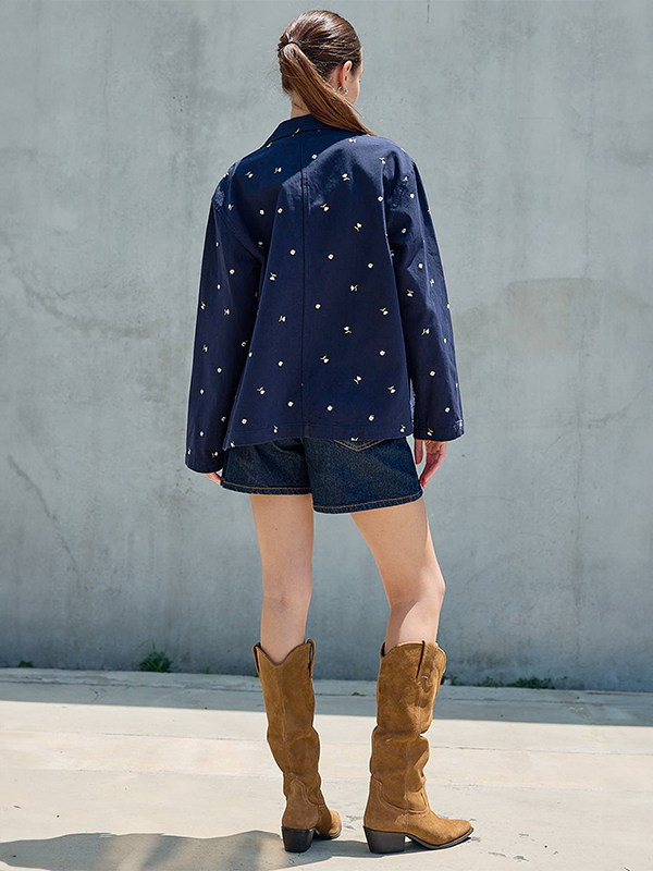 Embroidered Lightweight Button-Up Jacket: Navy