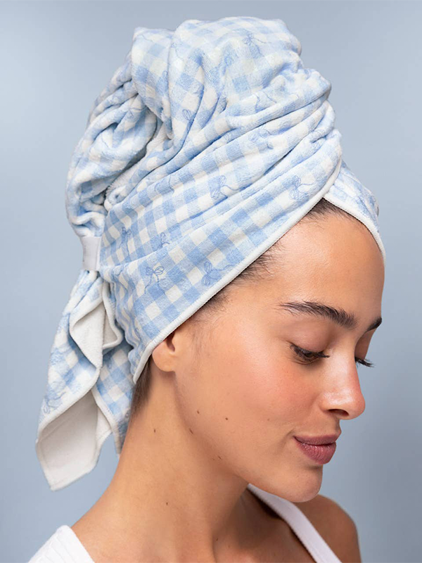 XL Hair Towel Wrap: Gingham Blue