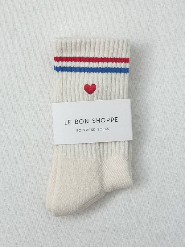 Embroidered Boyfriend Socks: Milk with Heart