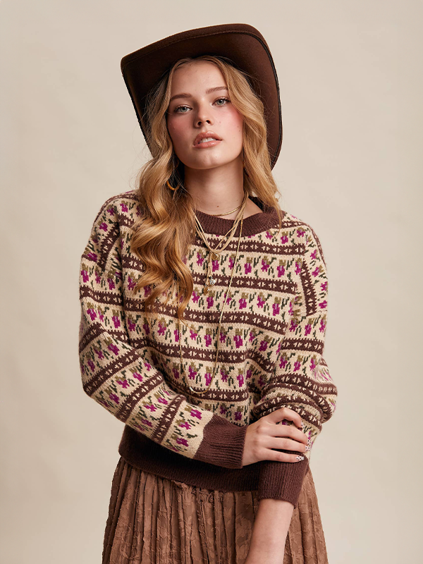 Western Jacquard Knit Sweater: Mocha