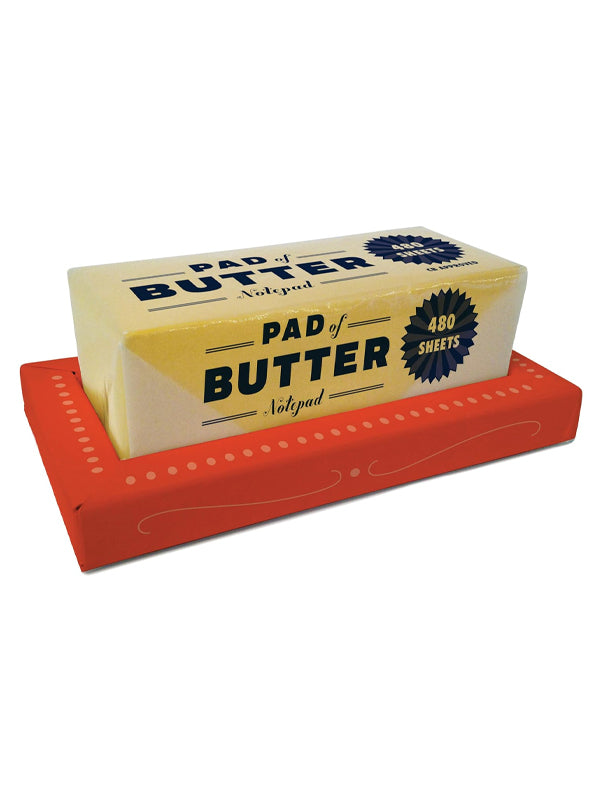 A whimsical notepad shaped like a pad of butter, featuring a yellow, buttery design. The pages are smooth and perfect for jotting down notes, with the playful design adding a touch of fun to your desk or workspace.